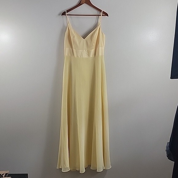 David’s Yellow Spaghetti Straps V-neck Midi Bridal Women's Dress Size 14 - Picture 2 of 9
